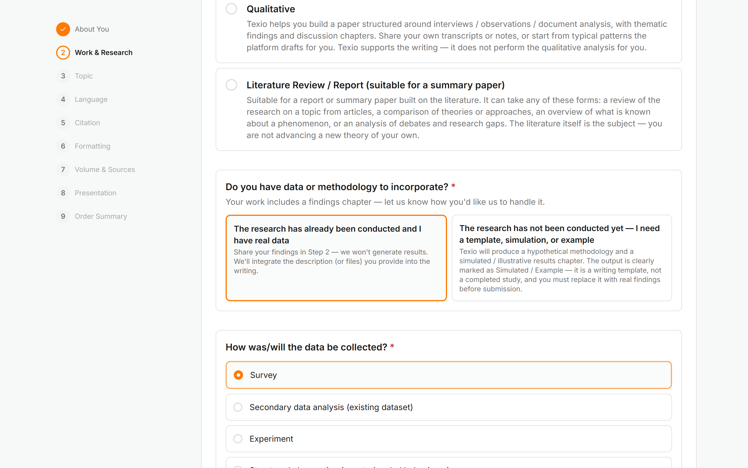One guided form, 3–5 minutes. Choose your work type and research type, describe your topic — or let the AI button suggest directions — and set level, language, page count and citation style.