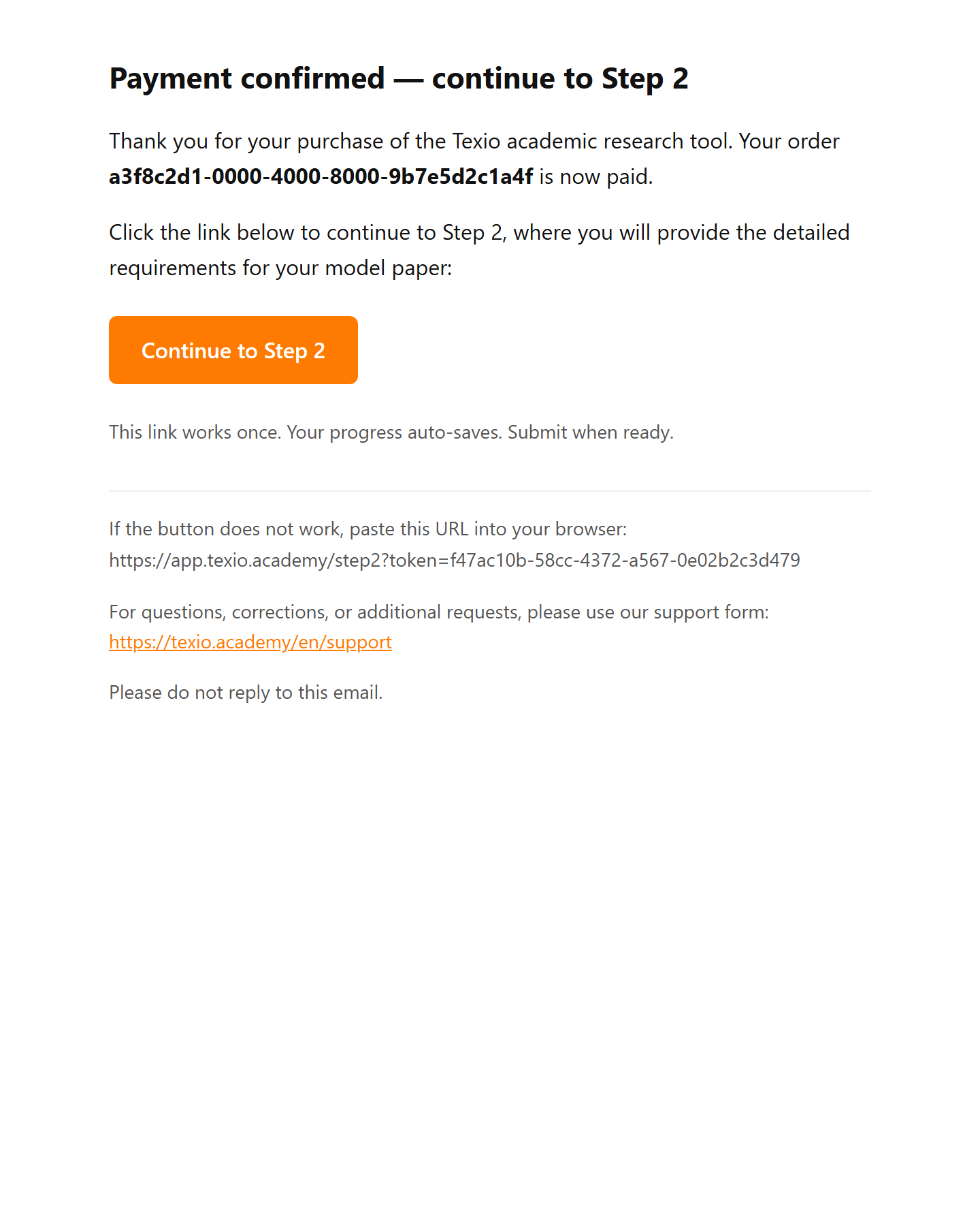 Right after payment, a one-time secure link to the detailed-requirements form arrives in your inbox.