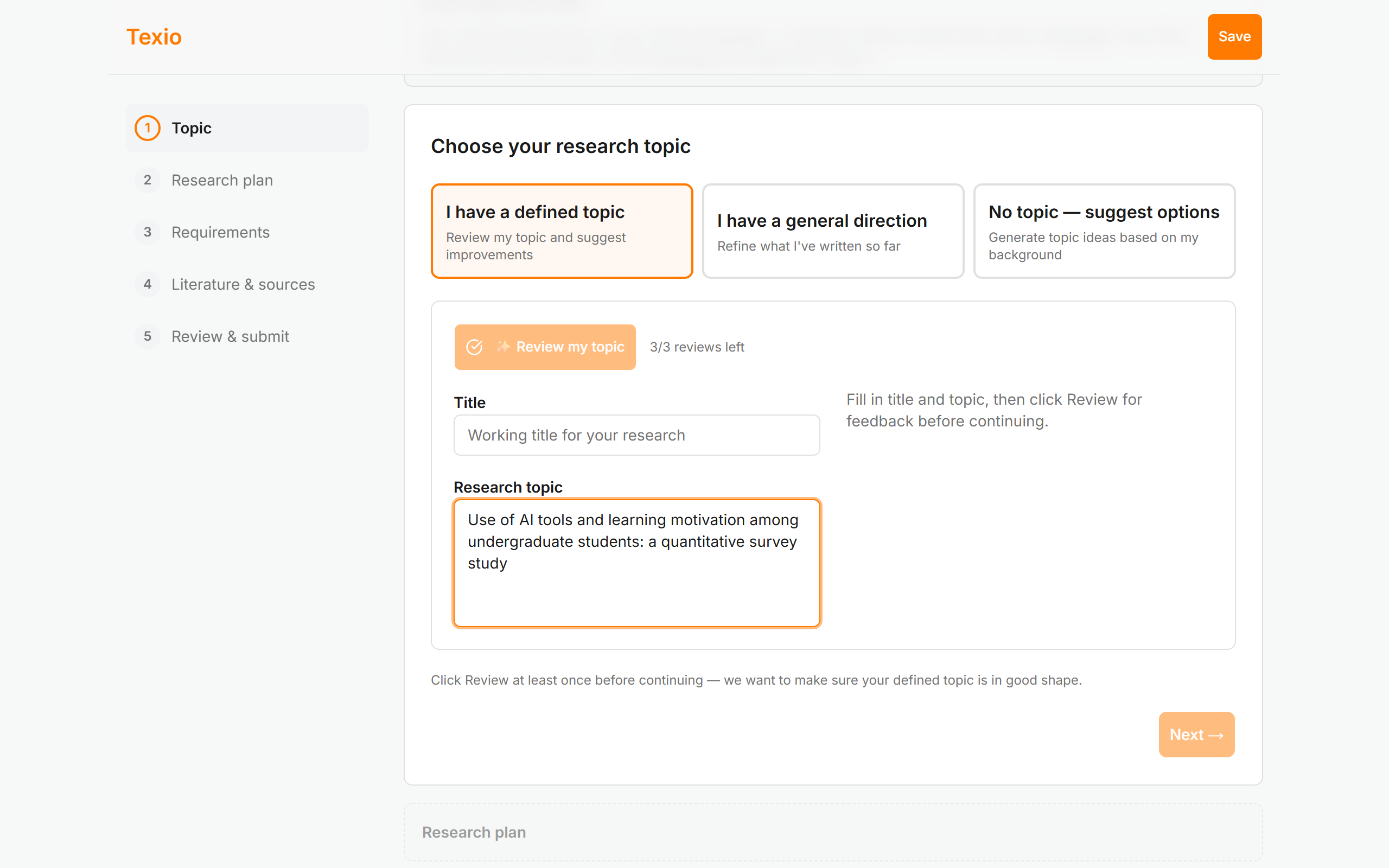 Your one-time link opens a guided form for your topic, research plan and materials — with AI buttons beside every field to suggest a starting point or refine what you wrote.