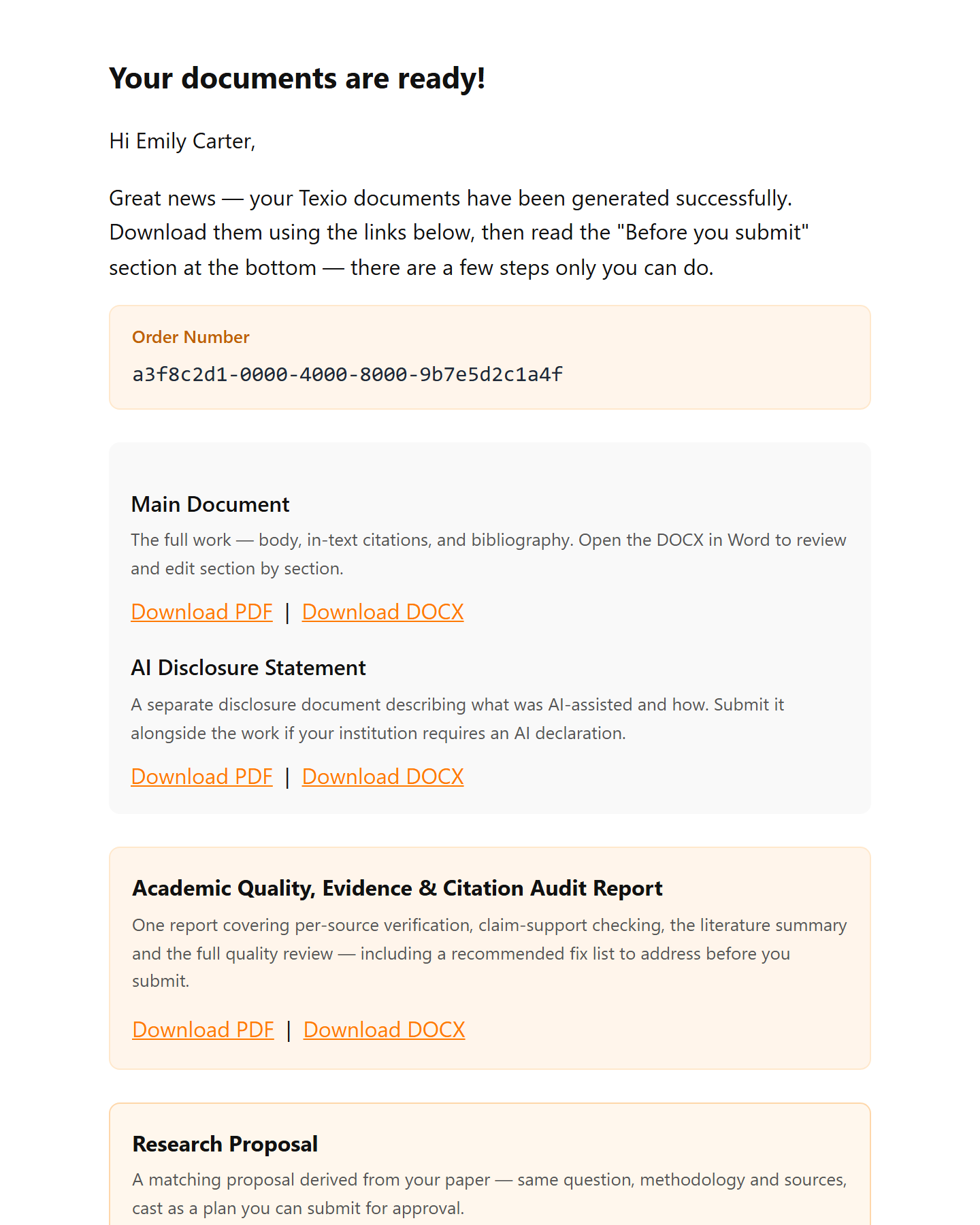 The delivery email: secure download links to the paper, the matching research proposal, the quality and citation reports, the AI-use disclosure and the bibliography exports — everything in one place.