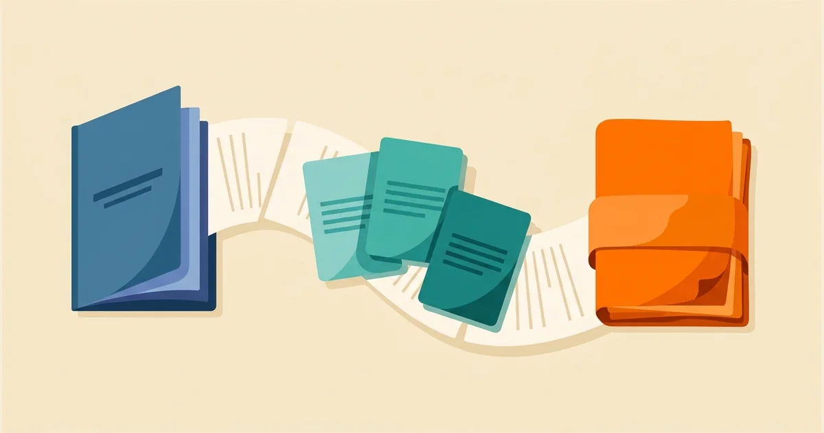 Sei nodi convergono verso un blocco finale arancione — come scrivere conclusioni tesi
