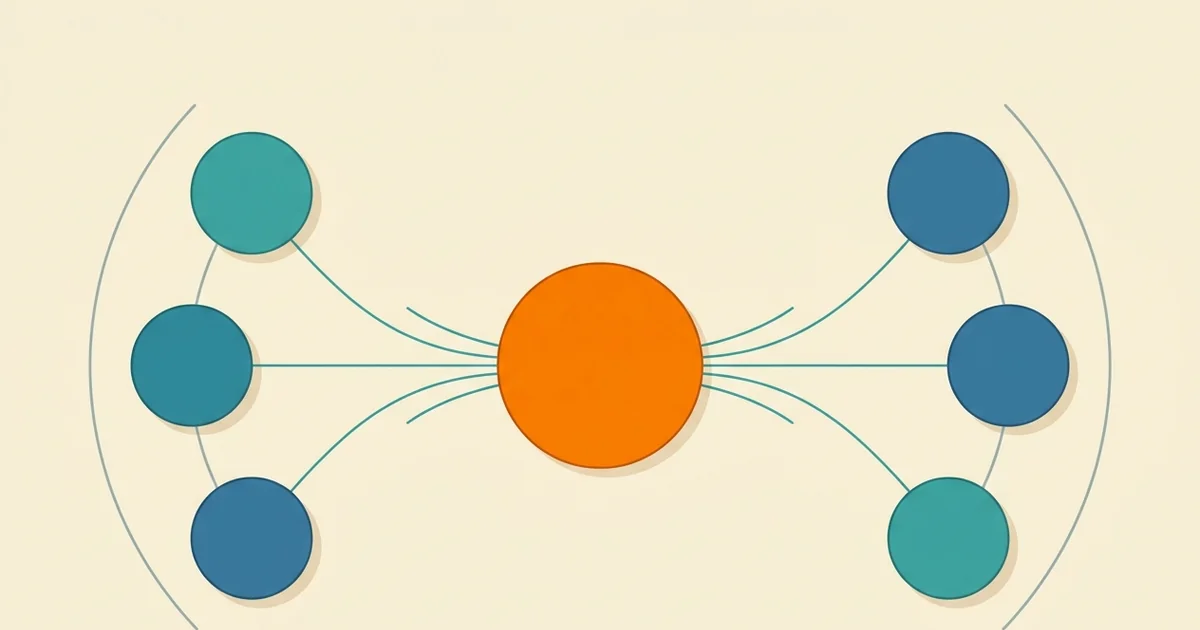 Cinq nœuds de sources convergent vers un nœud central — synthèse revue de littérature